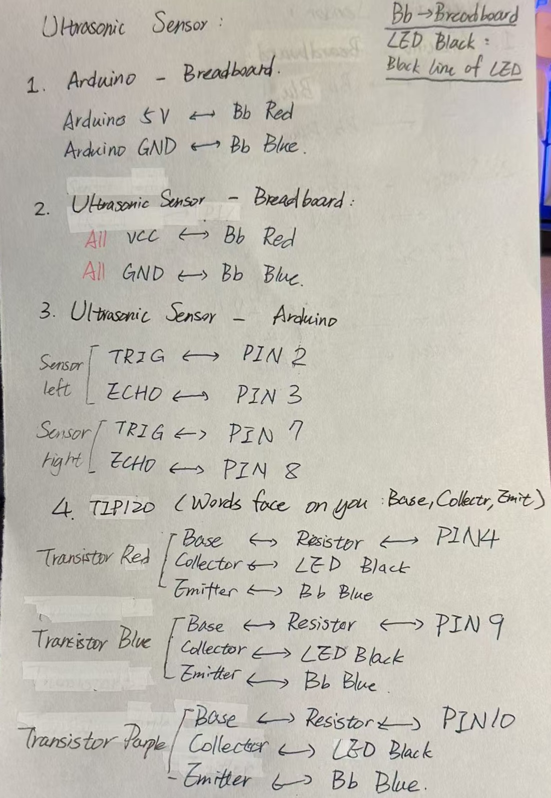 The check list of circuit, to avoid missing any parts when I connected the transistor, resistor and LED together.